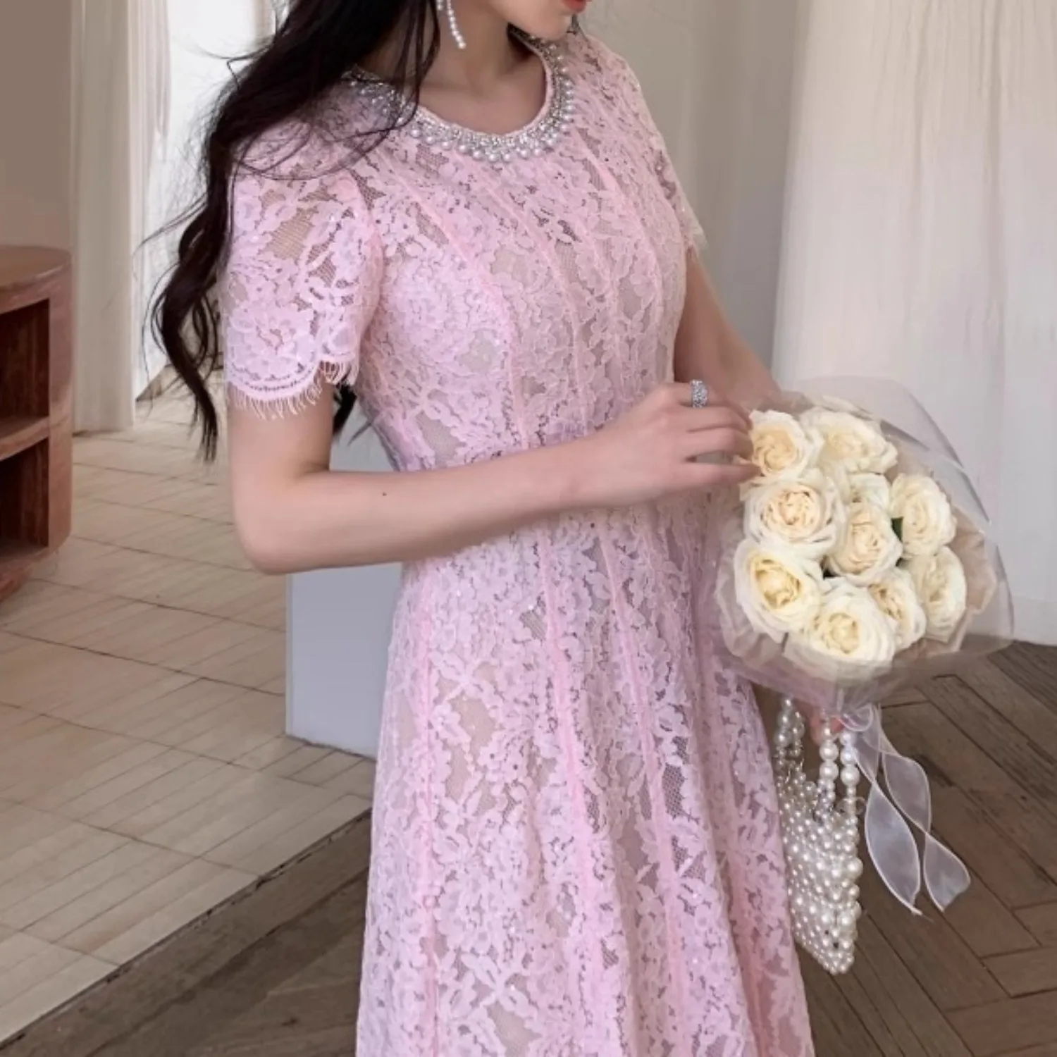 Roze kant kralen pareljurk vrouwen elegante korte mouw patchwork kleding dame streetwear runway ontwerp vestidos bodycon