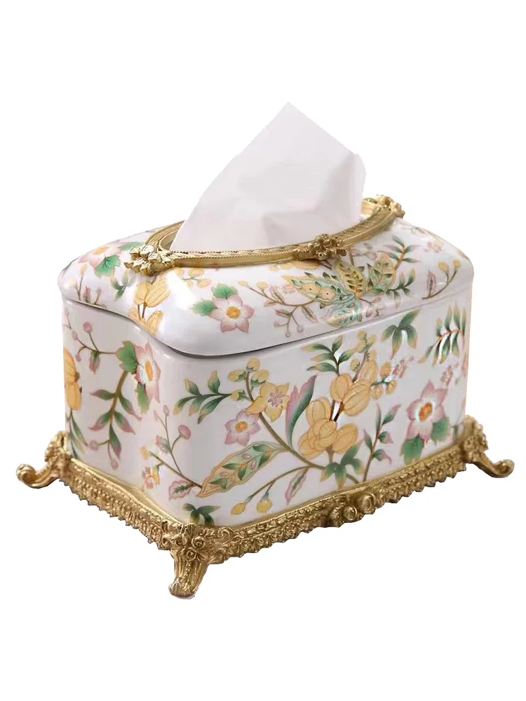 Luxury ceramics with copper wrapped porcelain tissue box light luxury villa soft retro inlaid copper drawer decoration