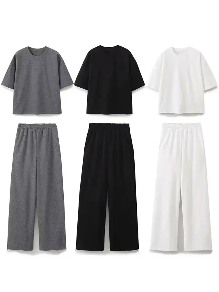 

2024, новый женский комплект однотонных брюк, футболка с короткими рукавами и круглым вырезом, топ + эластичная талия, базовые женские прямые длинные брюки