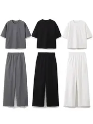 2024 New Woman Solid Trousers Set Short Sleeves O Neck T-Shirt Top + Elastic Waist Wild Basic Women's Straight Long Pant