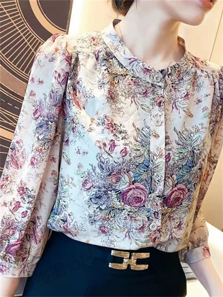 Woman Summer Style Chiffon Blouses Tops Lady Casual Half Lantern Sleeve Stand Collar Flower Printed Blusas Tops DF4386