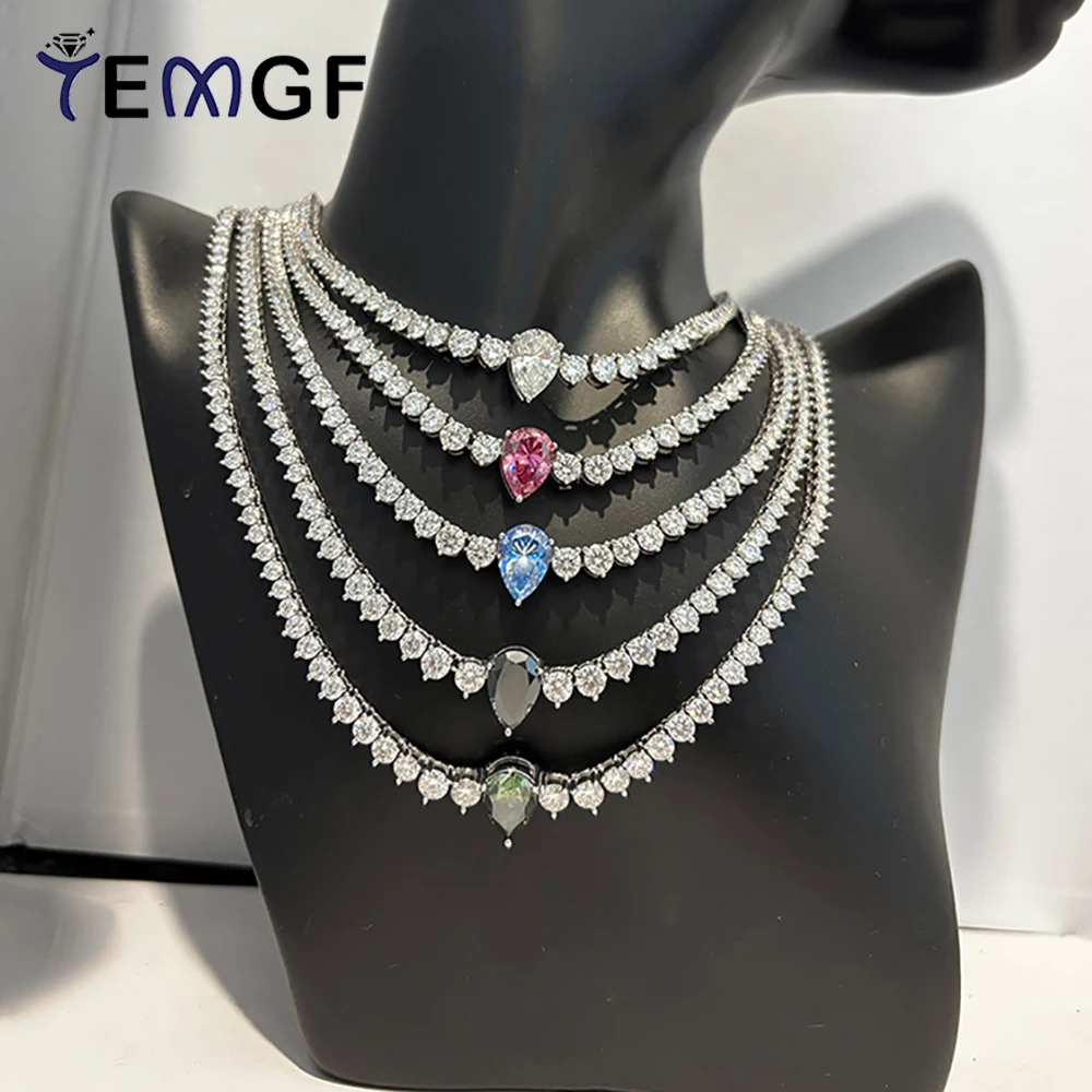 

TEMGF Full Moissanite Necklace for Women Luxury 4CT Pear Cut Coloful Moissanite 925 Silver Sparkling Collarbone Chain With GRA