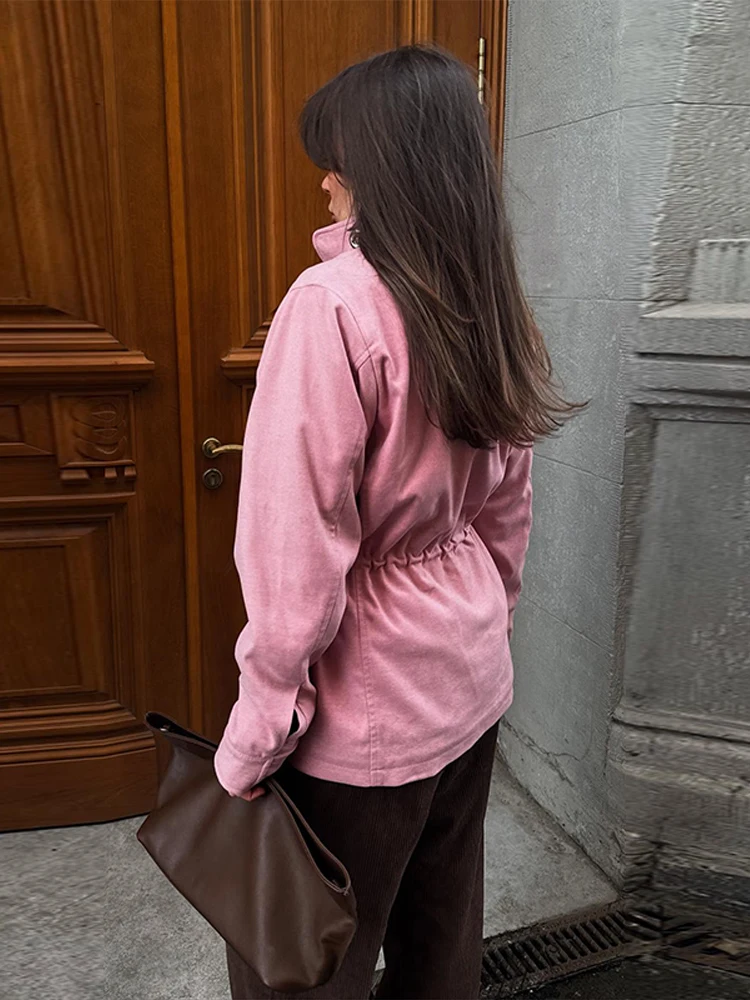 

Retro Stand Collar Zipper Jacket Women Chic Casual Solid Waist-cinching Single Breasted Jackets Female Versatile Street Outwear