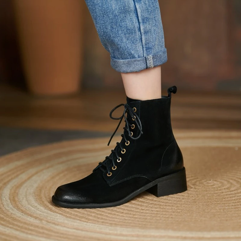 HOT SALES Fall Shoes Zipper Genuine Leather Boots Women Retro Lace Ankle Boots for Women Plus Size 42 Fashion Winter Boots Women