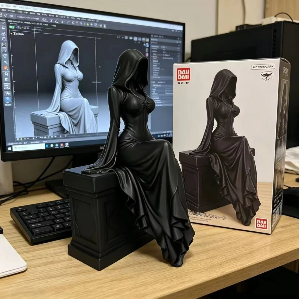 3D Printed Sculpture Halloween Black-Robed Ghost Queen Figurine Faceless Hooded Lady Reaper Sitting on Throne Cloaked Dark Queen