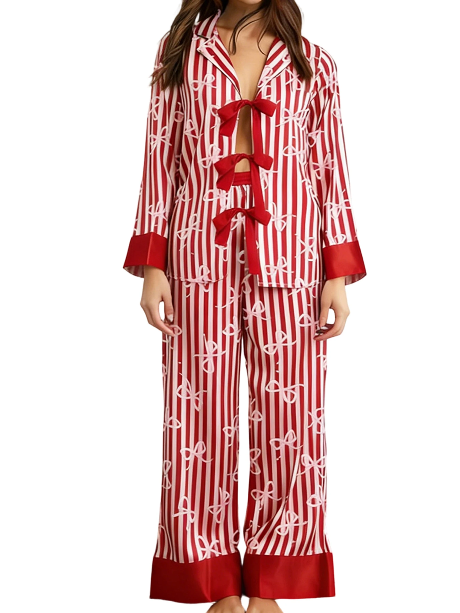 

Women Spring Fall Pajama Set Striped Bow Tie Front Long Sleeve Tops and Pants 2 Piece Sleepwear Outfit