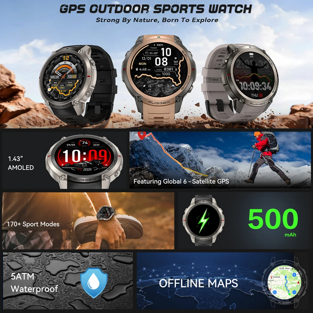 New Outdoor Military Offline Map GPS Smart Watch 1.43