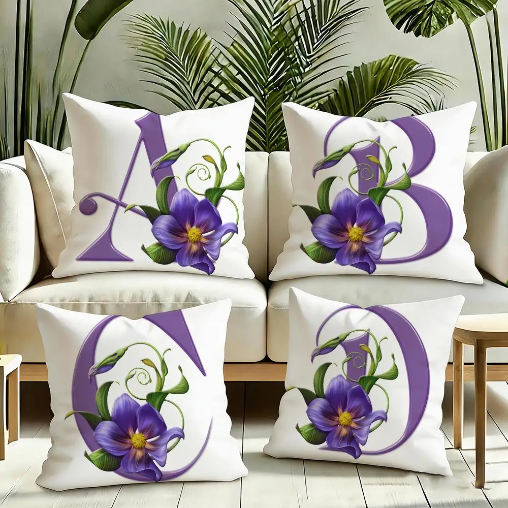 Simple purple flower letters Cushion Cover Reversible Plush Pillow Cover Soft Fluffy  Home Decor for Sofa Bedroom