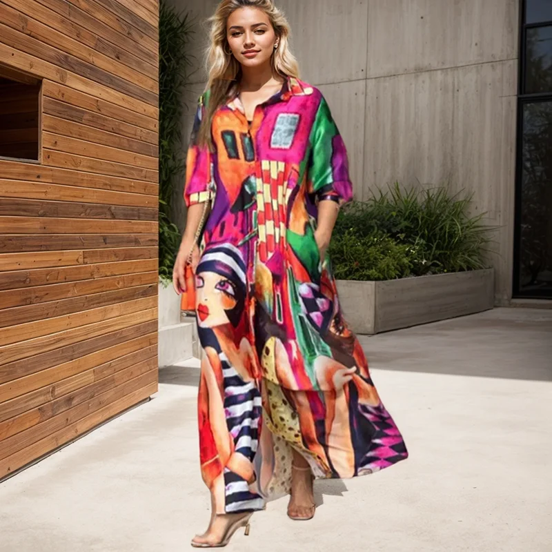 Women Long Maxi Dress Turn Down Neck High Waist Buttoned Abstract Figure Print Shirt Dress Button Casaul Loose Dress Vestidos