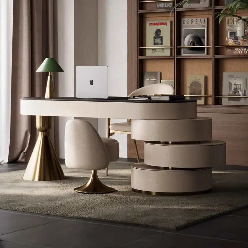 Italian Luxury Sintered Stone Desk Modern Minimalist Home Office Desk with Gold Base High-End Computer Desk for Small Apartment