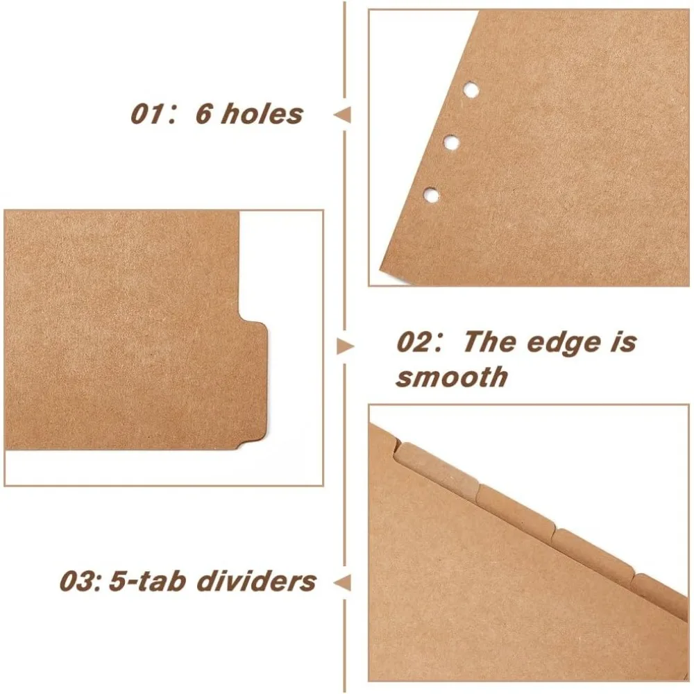 20 Sheets A5 Kraft Paper Binder Dividers 5-Tab/6-Hole Cover Ring Binder BurlyWood 6 Holes Ring Index Page for Planner Notebook