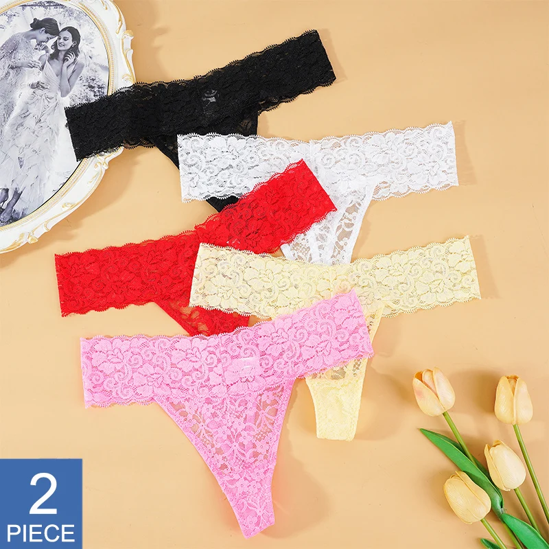 2PCS/Set Lace G-string Thong Panties for Woman Sexy Floral Underwear Transparent Women\'s Underpants Female Lingerie M-XXL