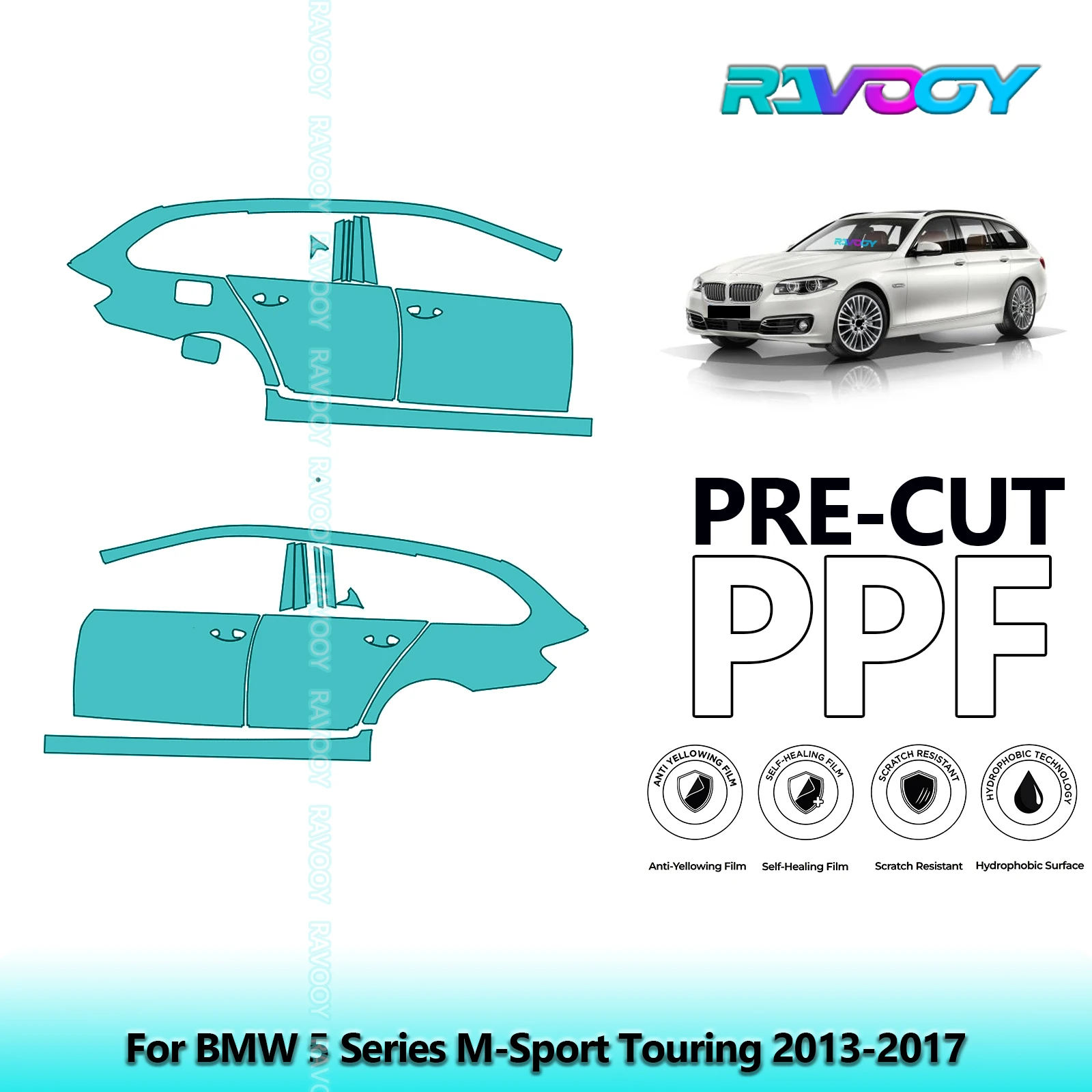 

For BMW 5 Series M-Sport Touring 2013-2017 8.5mil Clear Matte Pre-Cut PPF Door & A/B Pillar Kit TPU Paint Protection Film Set