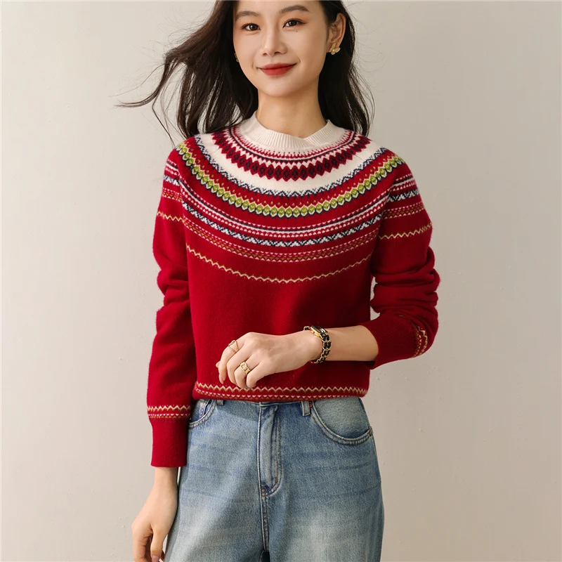 

Вязаный свитер, пуловер из 100% австралийской шерсти на осень/зиму 202, новинка 202, жаккардовая одежда в скандинавском стиле в стиле ретро с полувысоким воротником, топ