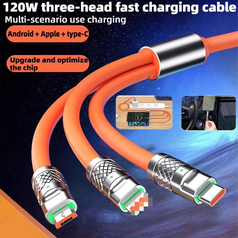 Multifunctional 3-in-1 1.2m 120W fast charging cable,multi-scenario use,suitable for iPhone,Android,Huawei phone,tablet,laptop