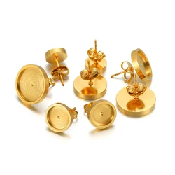 20pcs 6 8 10 12mm Gold Stainless Steel Flat Stud Earring Base Setting Blank Earring Cabochon Tray DIY Jewelry Making Wholesale