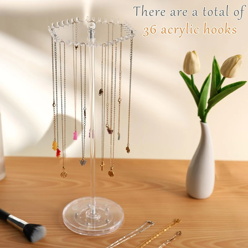 Acrylic Necklace Organizer Rotating Necklace Holder Hanger Clear Jewelry Organizer Display Stand With 36 Hooks