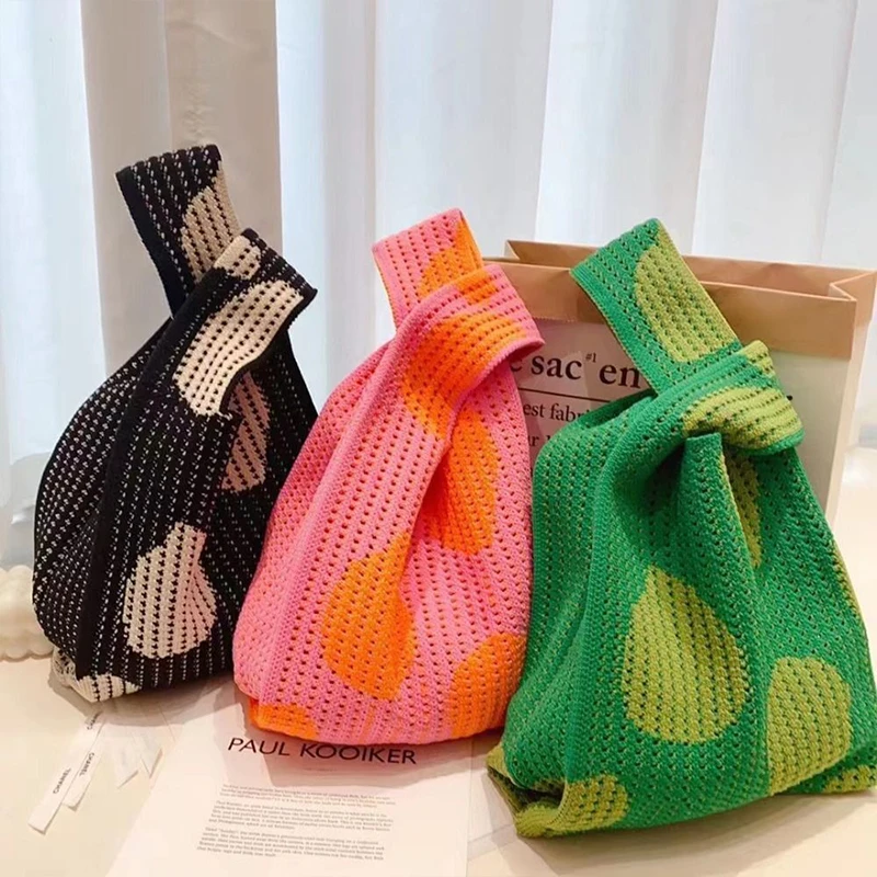 Japanese Style Small Flower Knitted Bag Women Tote Bag Reusable Handbag Hollow Out Knot Wrist Bag Key Phone Pouch Portable Purse