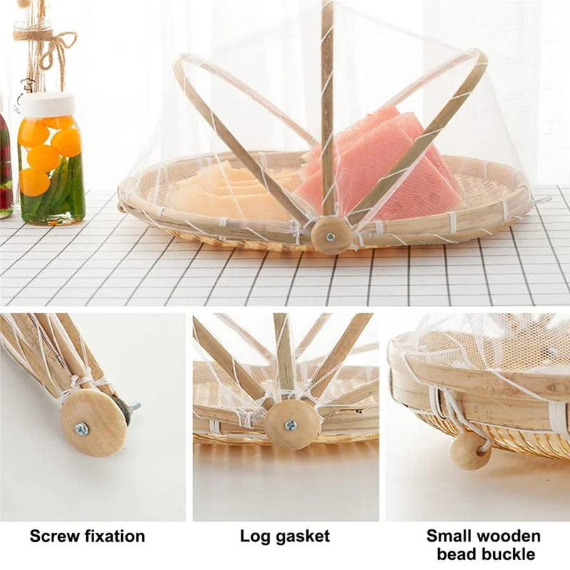 

Food Bamboo Food Serving Tent Basket Hand-Woven Basket Serving Dustproof Round Picnic Basket Vegetable Fruits Bread Durable B