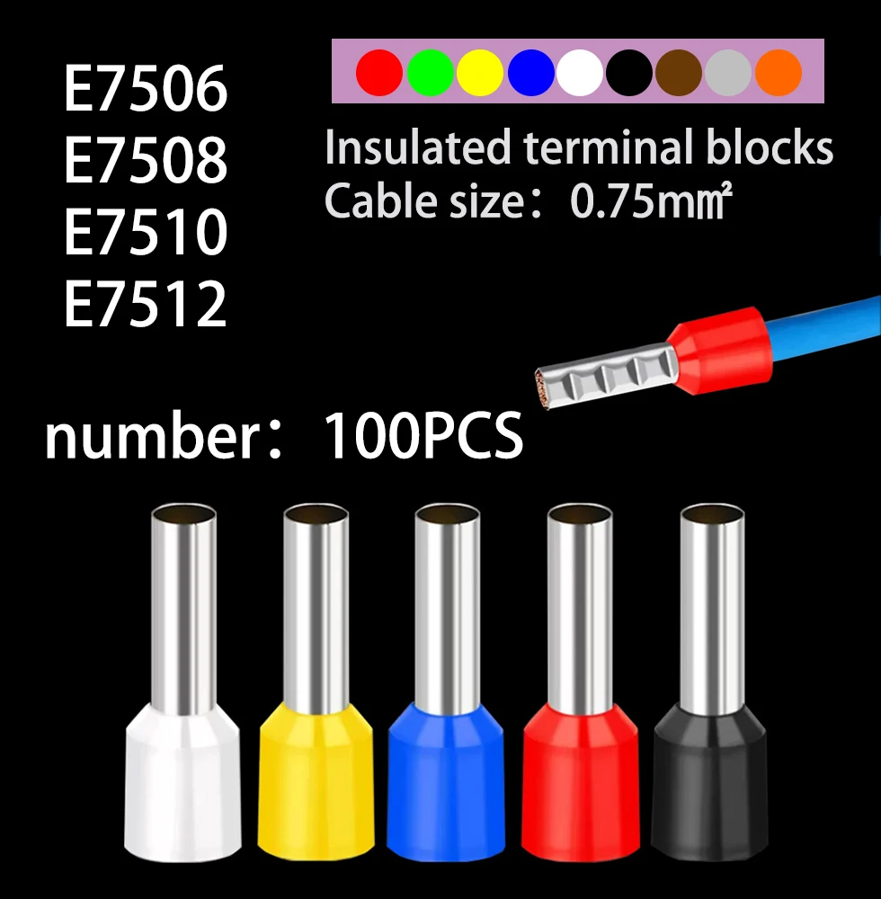 100pcs/Pack E7506 E7508 E7510 E7512 Insulated Ferrules 0.75mm²Terminal Block Cord End Wire Connector Electrical Crimp Terminator