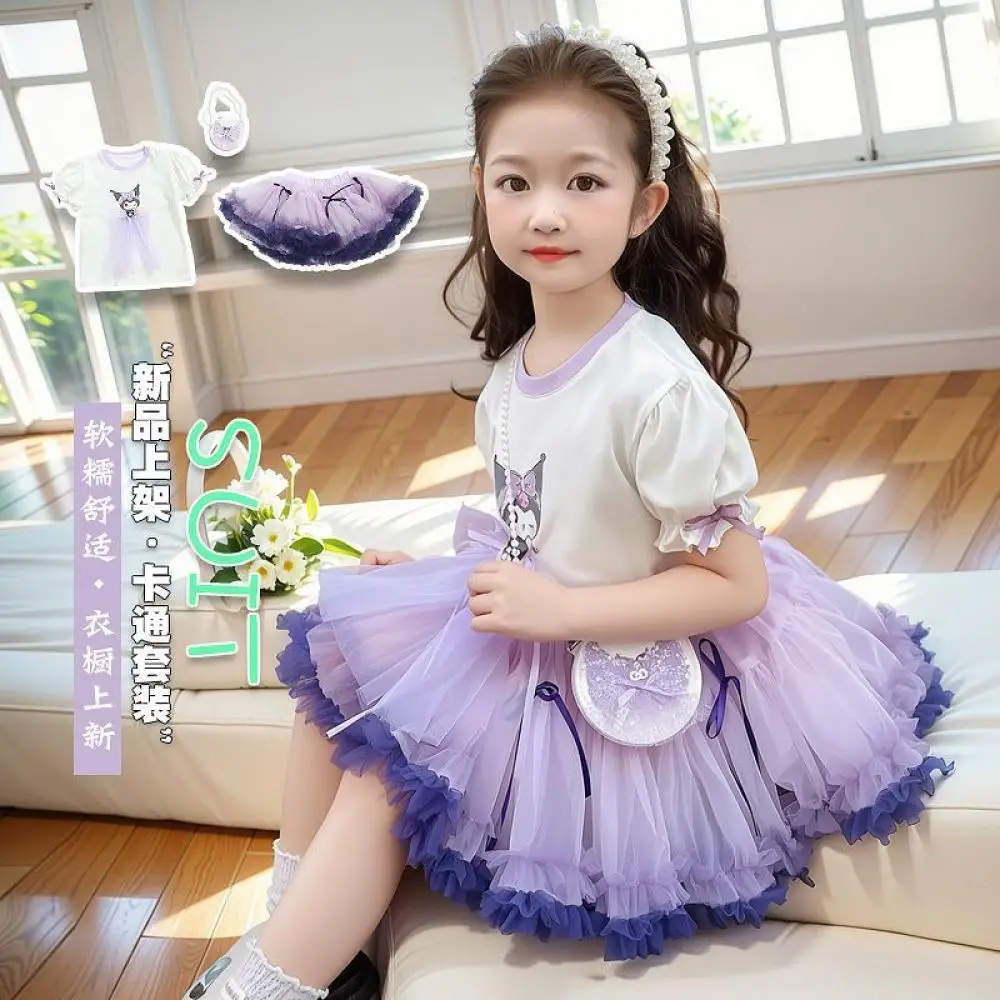 

Sanrios Girls Kuromi Short Sleeve Tutu Skirt Set Kawaii Cartoon Anime Princess Bow T-Shirt Summer Tops Gradient Color Yarn Skirt