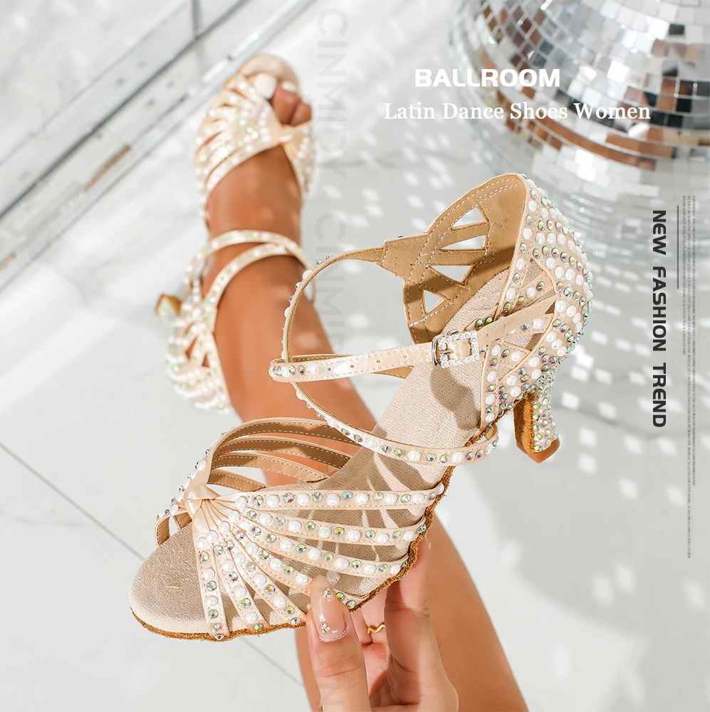 CINMIDY Latein-Tanzschuhe für Damen, Ballroom Modern Tango Tanzschuhe, Damen-Softsohlen-Indoor-Party-Performance-Schuhe mit Perlen – Detail 1