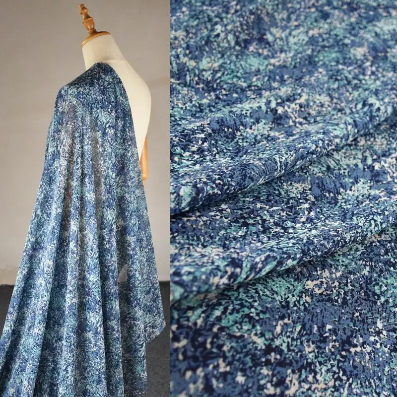 

Blue-Green Abstract Floral Pearl Chiffon Printed Fabric Dress Shirt Fashionable Handmade Slightly Transparent Small Pattern