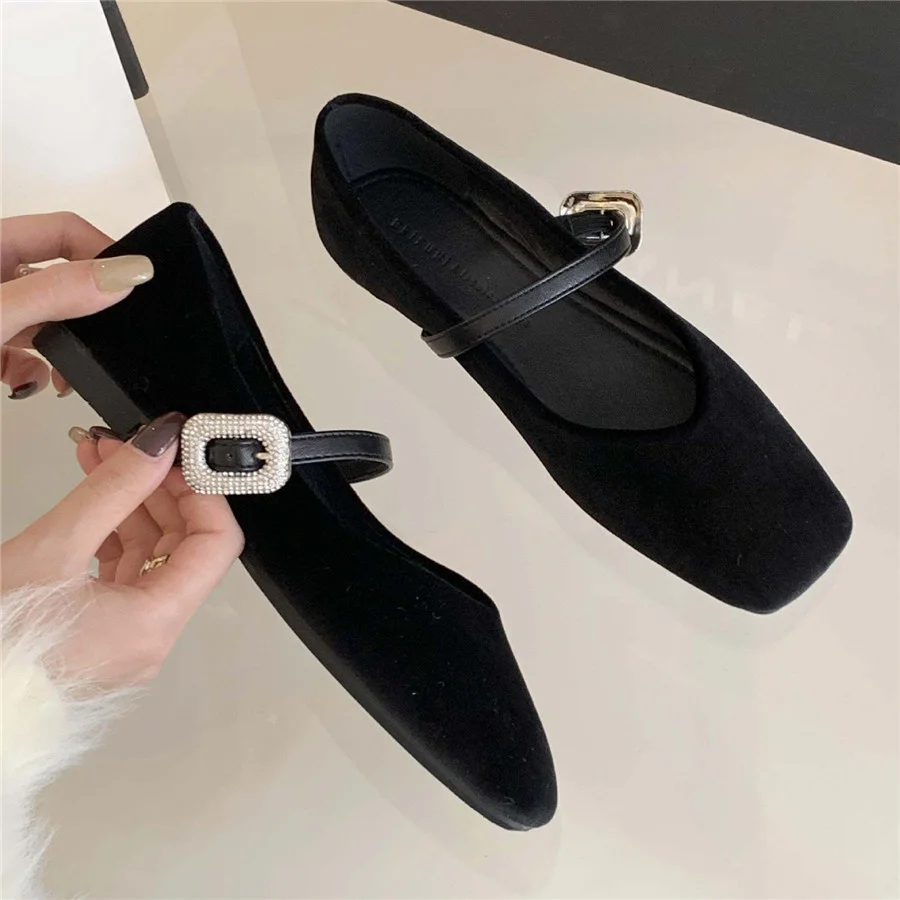 

2024 New Square Toe Ballerinas Flats Women's Ballet Dance Shoes Velvet Mary Janes Casual Loafers Ladies Flat Buckle Espadrilles