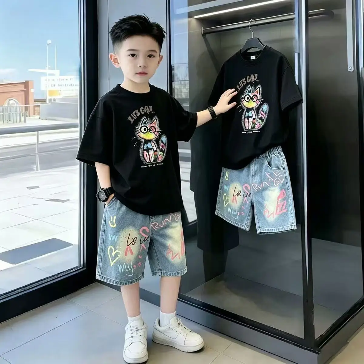 2026 Boys Summer Clothes Boutique Cartoon Short Sleeve Pullover T-Shirts+Graffiti Jean Short 2pcs Korean Children Fashion Outfit