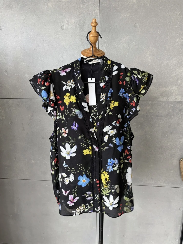 

Susan Ao Silk Floral Print Shirt Lightweight Spring Summer V Neck Sleeveless Women's Skin Friendly Breathable Slim Fit Shirt