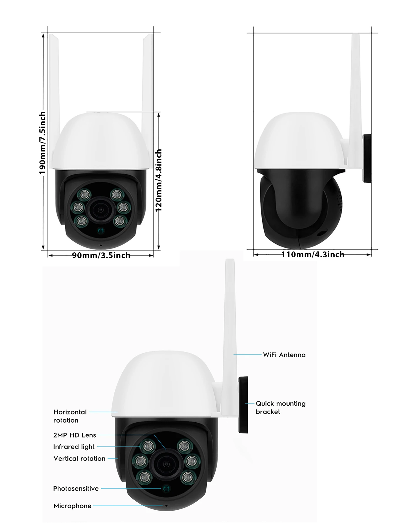 3MP 5G WiFi كاميرا الأمن ضوء لمبة مع 6-LED للرؤية الليلية PTZ وظيفة للمراقبة المنزلية مقاوم للماء
