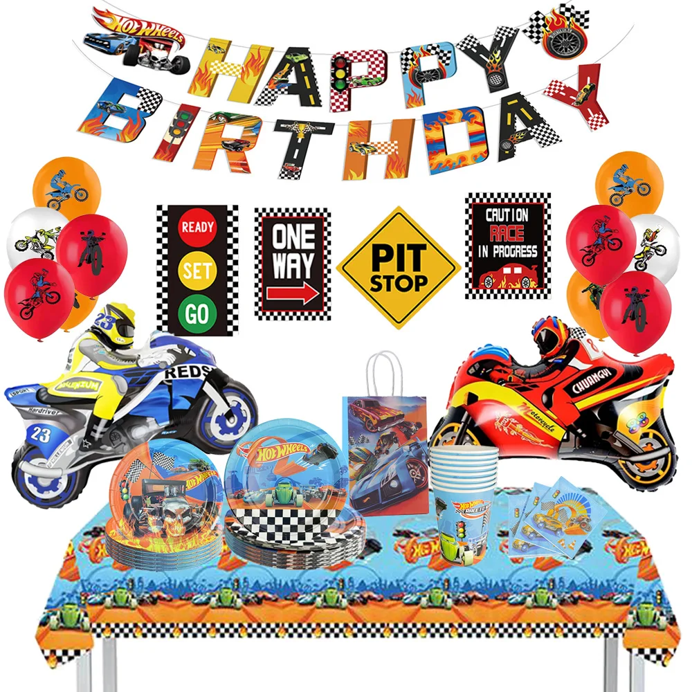 Hot Wheels Race Car Birthday Decorations Motocross Motorbike Foil Balloon Racing Theme Party Decor Banner Tablecloth Knife Fork