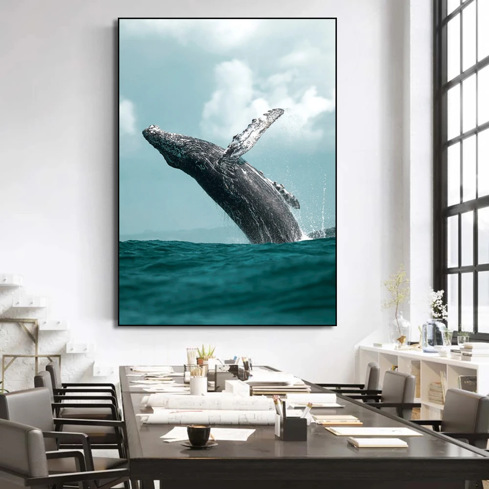 Nature Ocean Animal Whale Breaching Tail Dolphin Wall Art Canvas Painting Waves Seascape Turtle Poster Living Room Home Decor