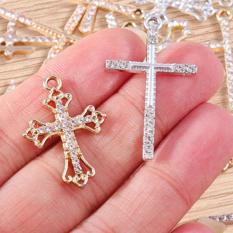 Tusember 10 Stück gold- und silberfarbene CZ-Kristall-Kreuzanhänger, Kreuzanhänger für die Schmuckherstellung, Ohrringe, Halskette, DIY-Zubehör – Detail 1