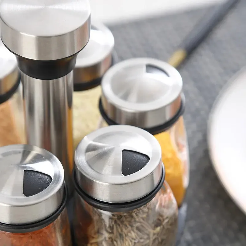 Kitchen Rotating Spice Bottle Set Glass Material Seasoning Salt Sugar Pepper Seasoning Storage Bottle Kitchen Spice Rack