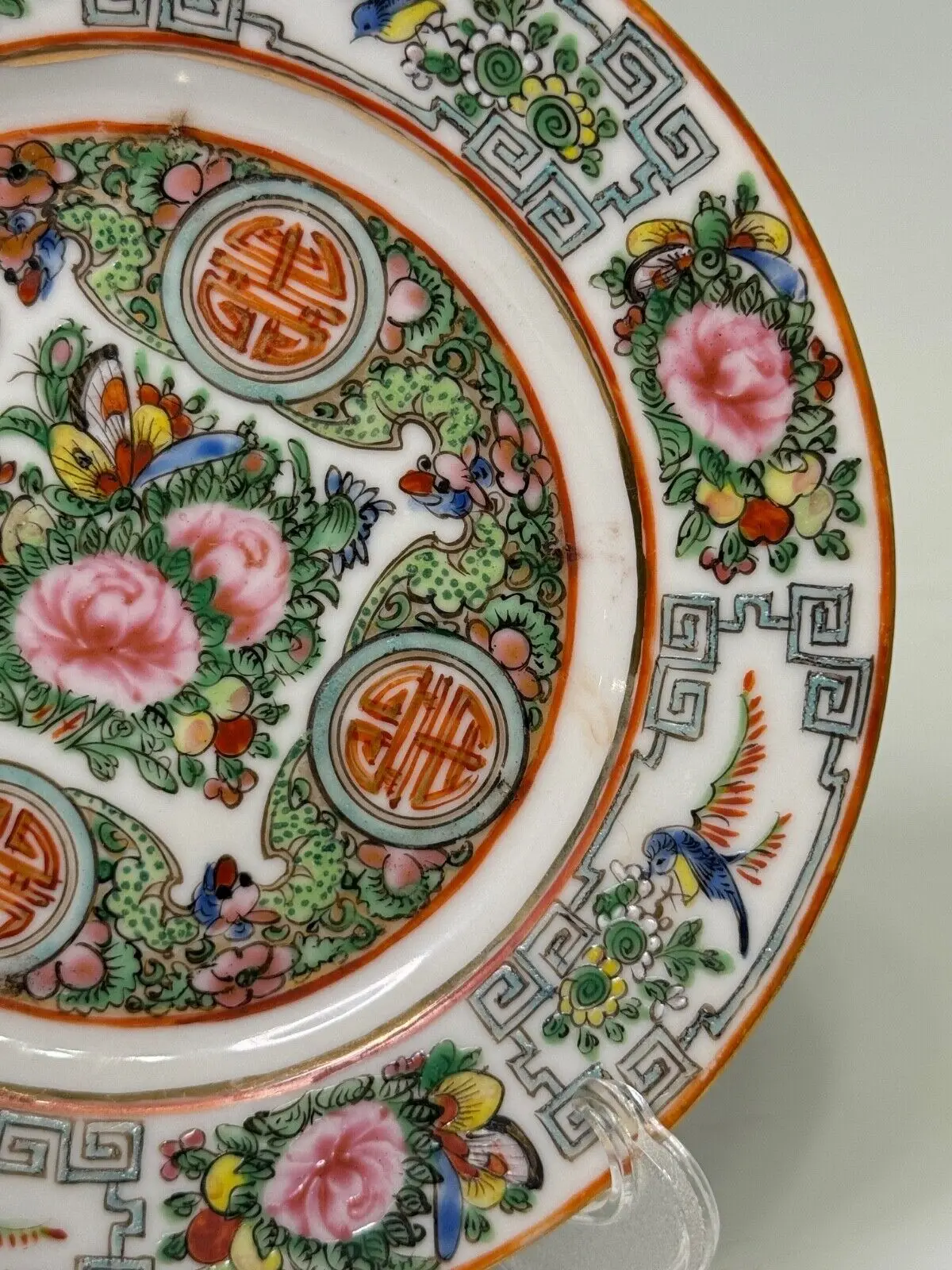 Longevity Symbols Antique Rose Canton Chinese Export Porcelain Cabinet Plate