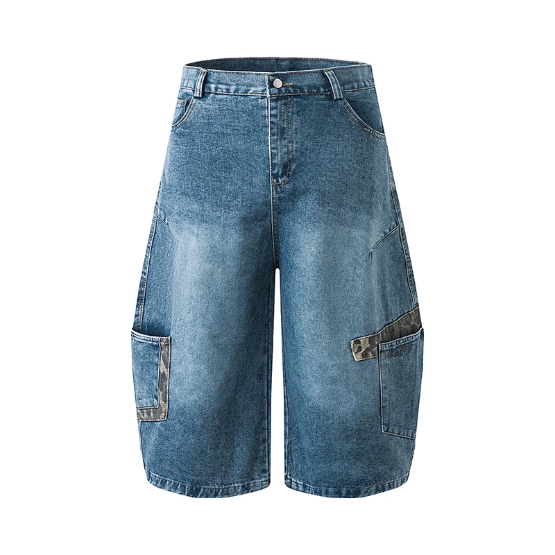 

Men Denim Shorts Summer New American High Street Casual Loose Capri Pants Popular Versatile Pockets Splicing Leopard Trousers