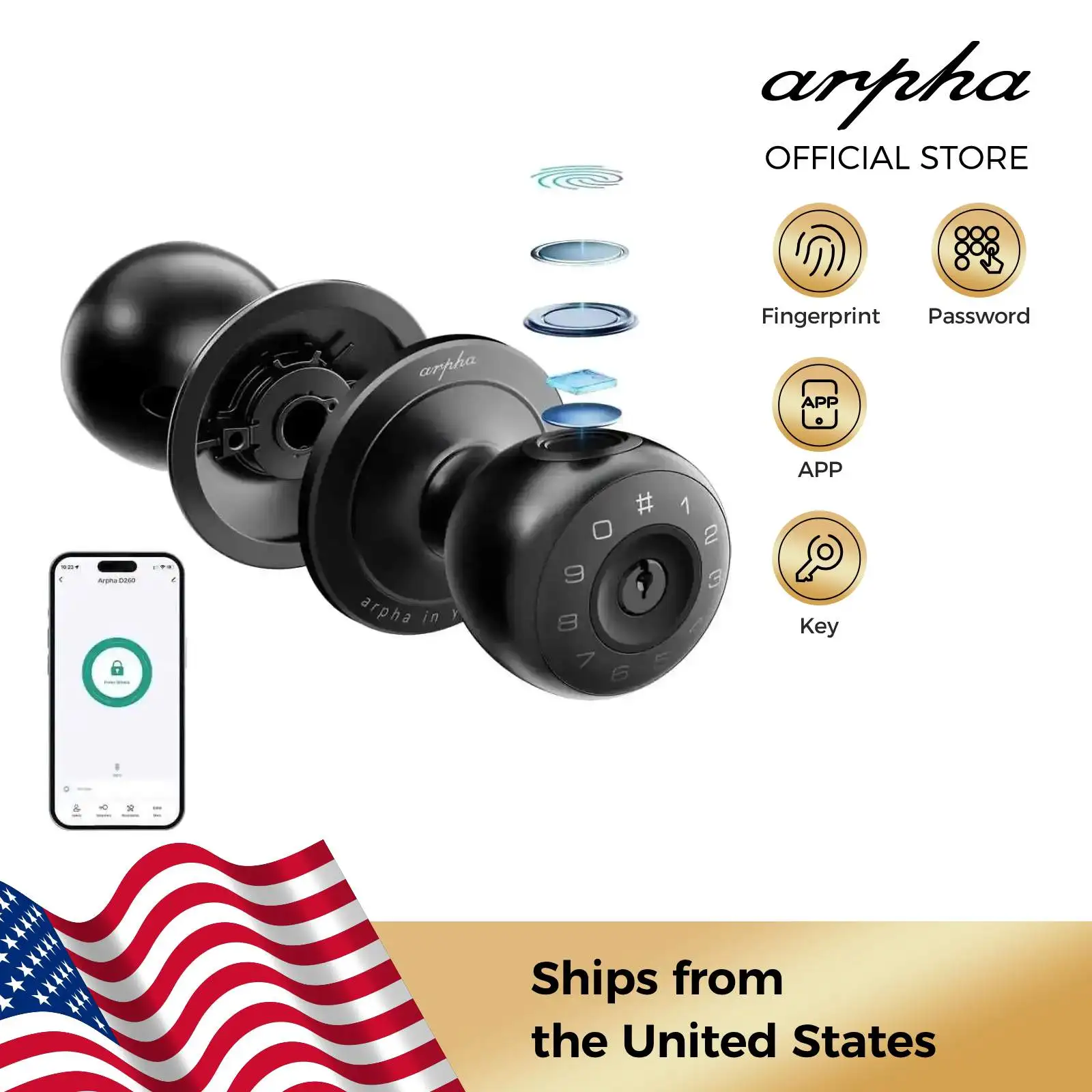 arpha-smart-lock-d260-smart-fingerprint-door-knob-smart-door-knob-with-keypad-app-control-biometric-door-lock-for-front-door