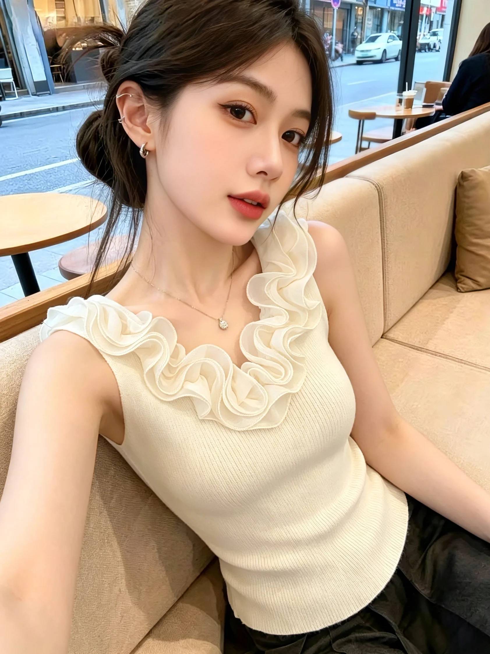 

Summer New Style Women's Knitted Vest Sleeveless 3D Flower Decoration Self-Keeping Model Slim Fit Korean Version V-Neck Top