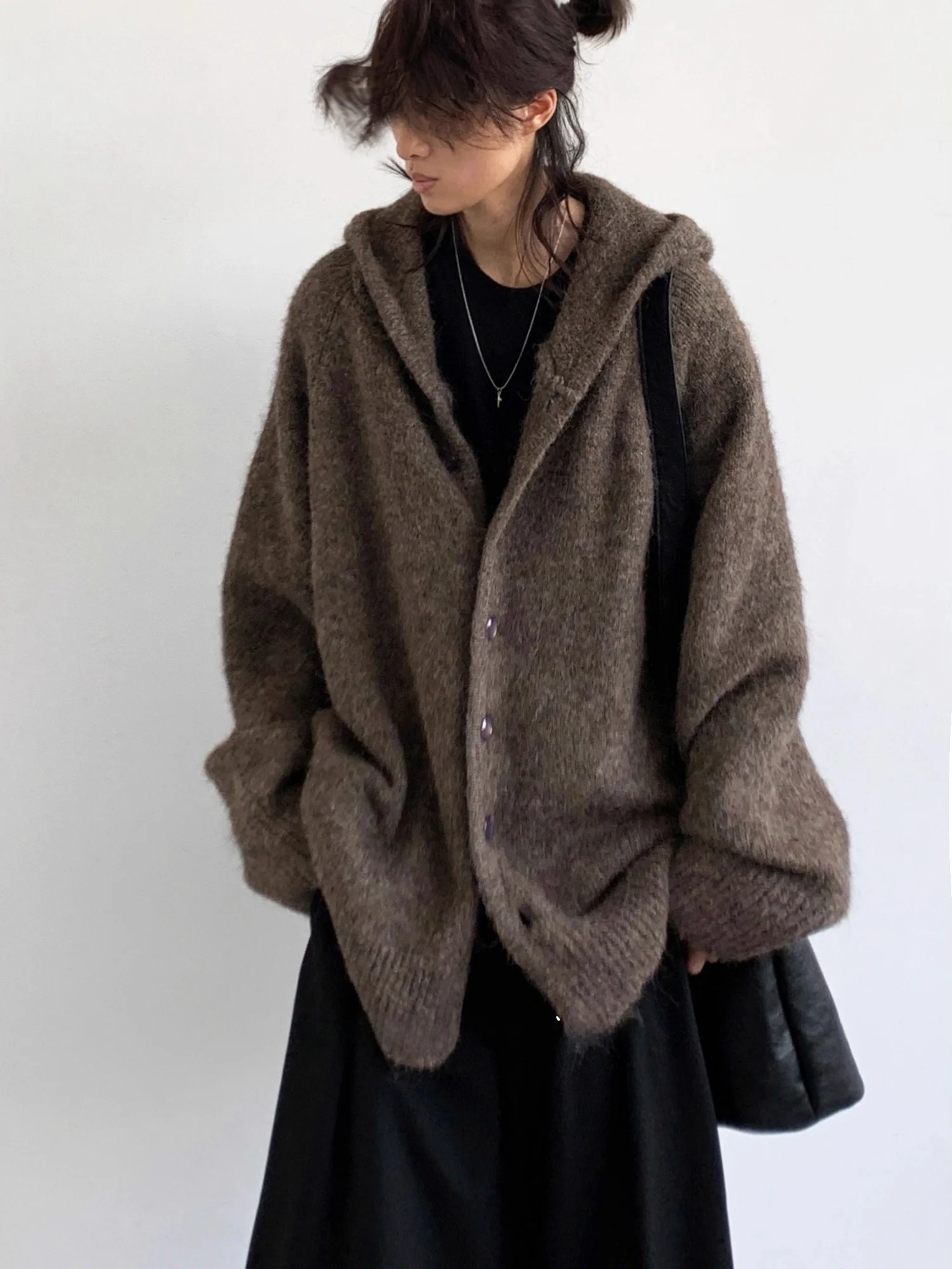 

Мужской зимний теплый повседневный свободный кардиган-свитер с капюшоном на пуговицах, в стиле ретро, коричневый, вязаный, дышащий, комфортный