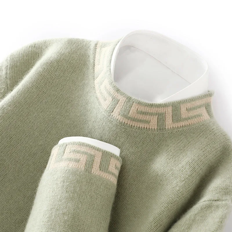 ATTYYWS 100% Pure Wool Men's Semi High Neck Solid Color Knitted Casual Business Men's Long Sleeved Pullover Sweater New Product