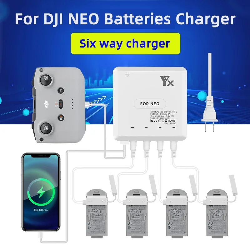 Cargador 6 en 1 para DJI NEO, cargador inteligente rápido, Hub, mando a distancia para Dron, carga de teléfono inteligente, accesorio de 4 baterías de vuelo