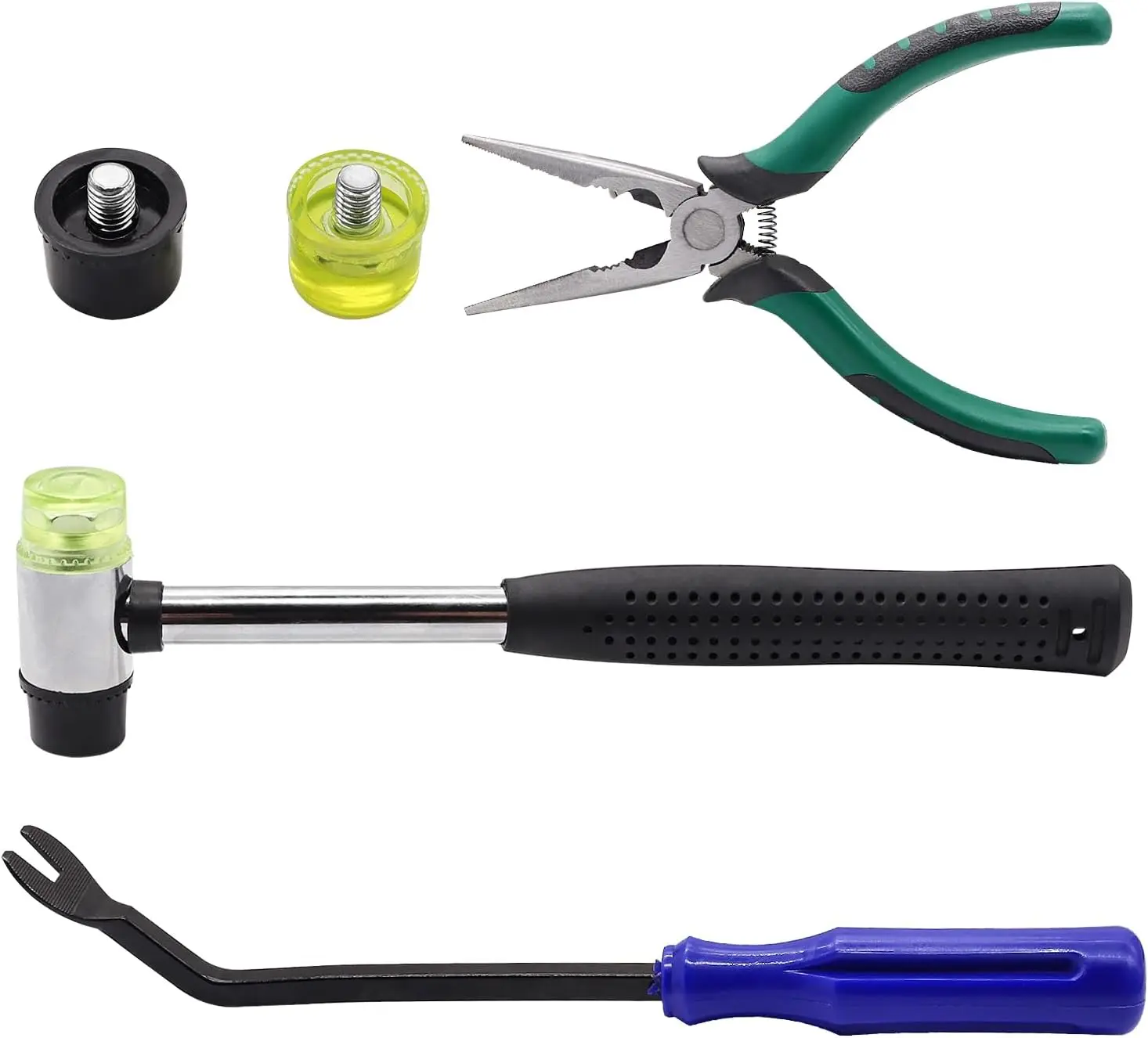 

5PCS Upholstery Tool Kit - Dual Head Rubber Mallet with 2 Replacement Heads, Tack Remover & Pliers for Furniture, Floor, Jewelry, Craft