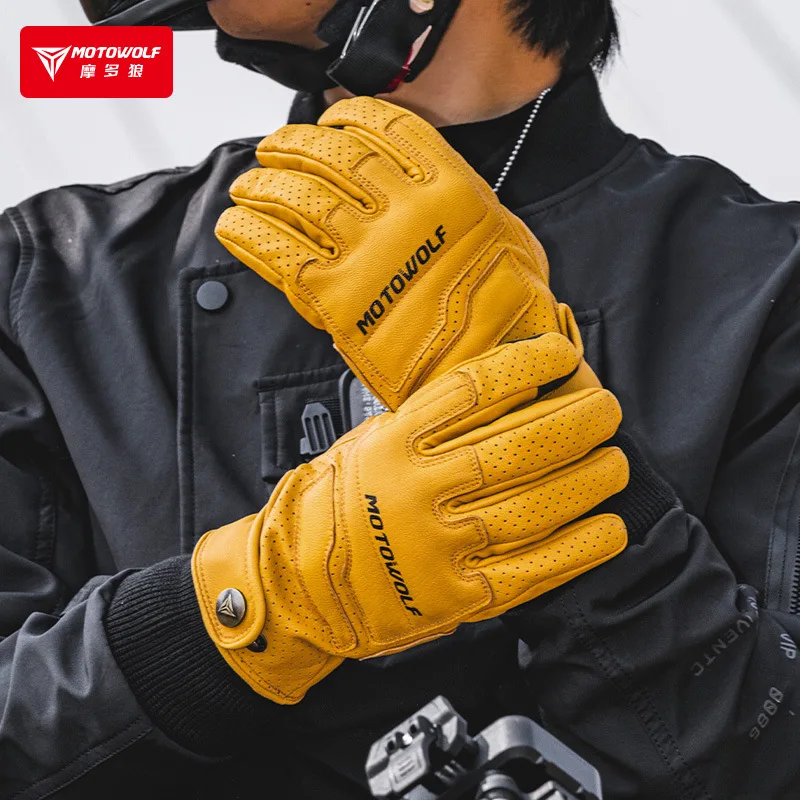 Guantes de cuero para motocicleta para hombre, Motocross, mujer, accesorios para motocicletas, marrón, amarillo, Retro, transpirables, 이 Guantes Moto