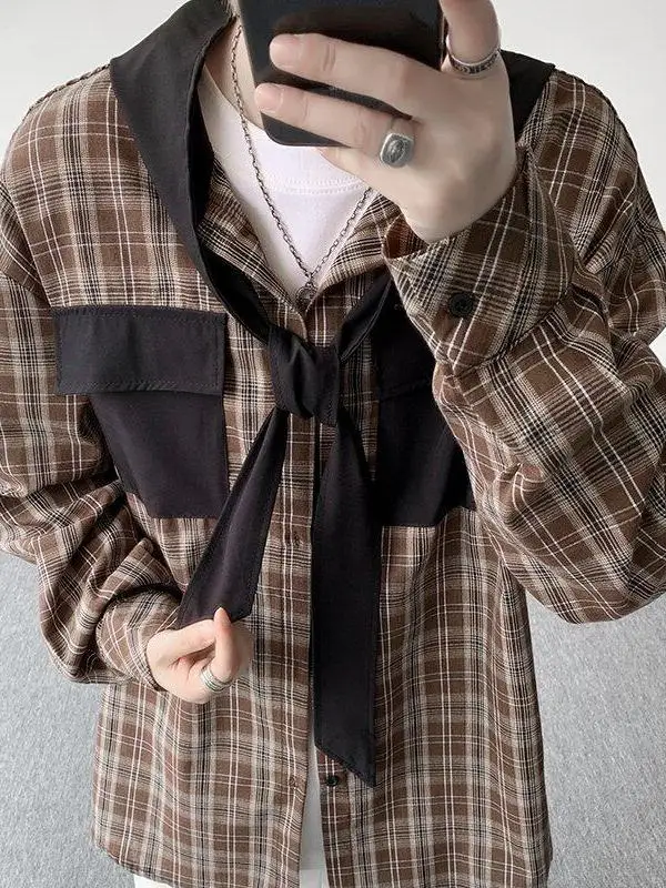 

Мужская клетчатая длинная свековая блузка с капюшоном, цветная блузка, рабочая одежда, весна-осень, американская хип-хоп куртка, свободная посадка, универсальная на четыре сезона