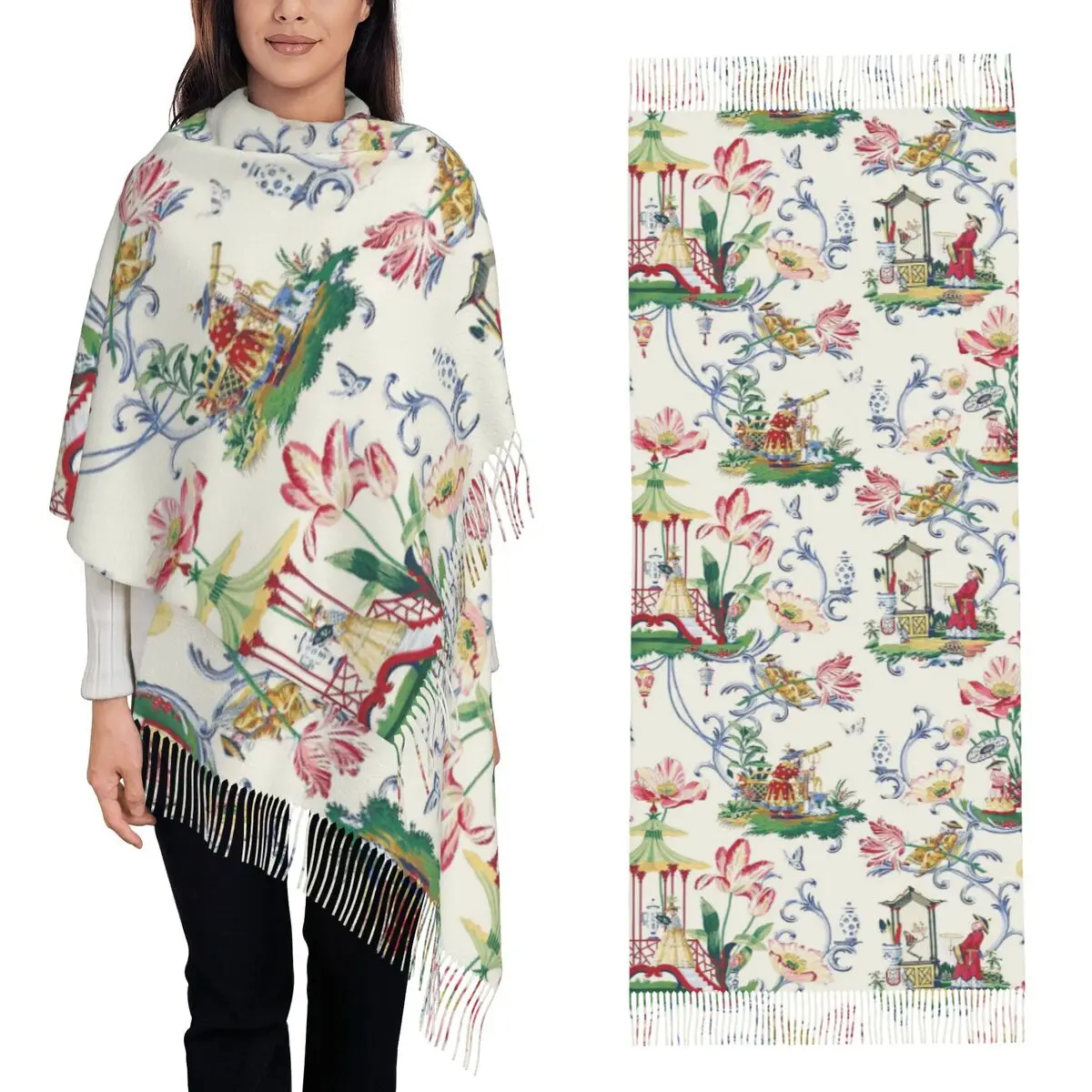 

Antique French Toile De Jouy Traditional France Art Scarf Tassel Scarves Women Soft Shawls and Wraps Long Fall Winter Shawl Wrap