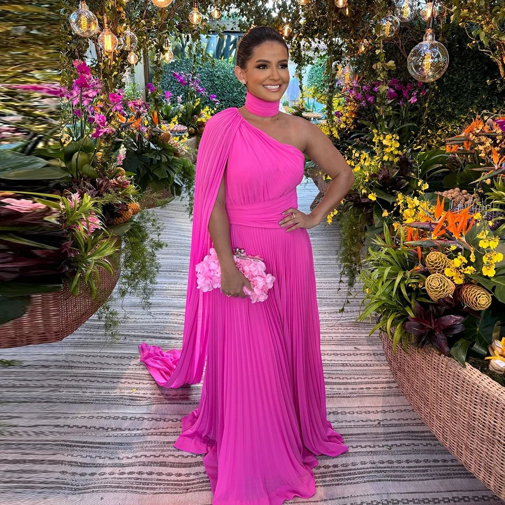 Customized Fuchsia Chiffon Prom Dresses One Shoulder Evening Gowns A-Line Pleated Ruched Formal Party Dress vestido de festa