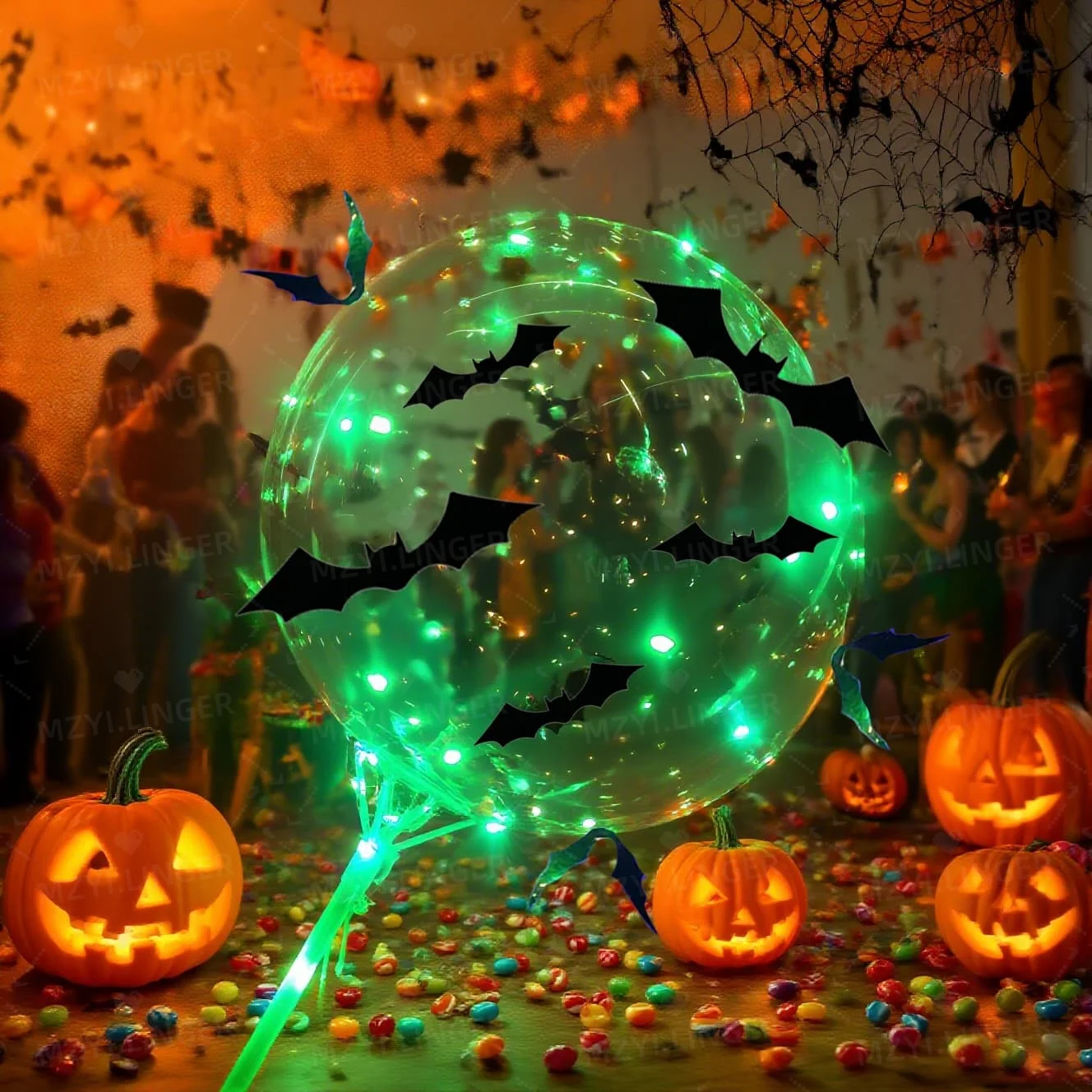 5 Stück Halloween leuchtende Luftballons LED-Lichterkette (ohne Batterie) Fledermausaufkleber Halloween-Dekoration Horror-Thema-Dekoration