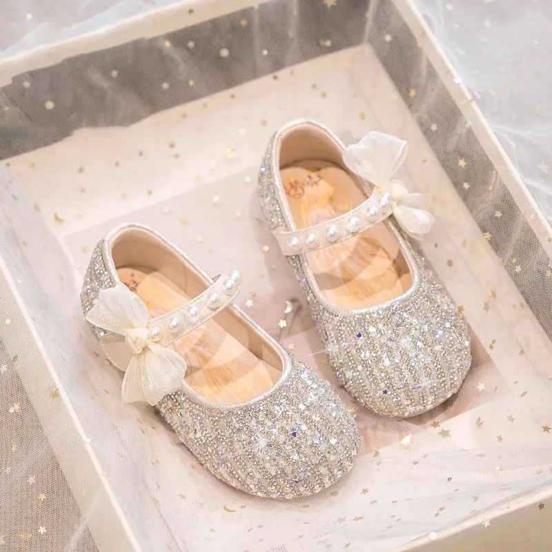 Kids Girls Sparkling Rhinestone Mary Jane Flats with Pearl Bow Soft Non-slip Sole, Ideal for Parties, Weddings&Special Occasions