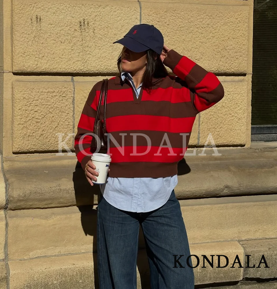

KONDALA Knitted Red-Brown Contrasting Colors Sweater Women's Elegant V-Neck Striped Sweater 2025 Autumn Ladies Casual Sweater